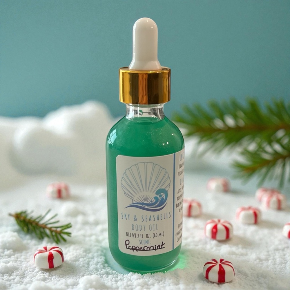 Hand Crafted “Peppermint” Scented Body Oil with Essential Oil by Sky & Seashells